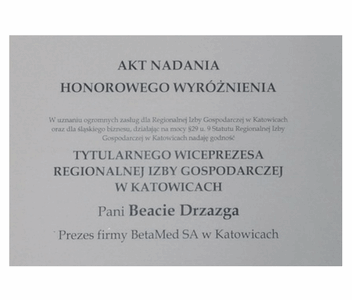 Akt Nadania Honorowego Wyróżnienia Tytularnego Wiceprezesa Regionalnej Izby Gospodarczej W Katowicach
