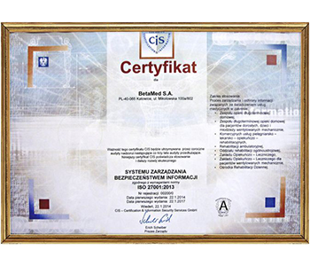 Certyfikat Systemu Zarządzania Bezpieczeństwem Informacji ISO 27001:2013