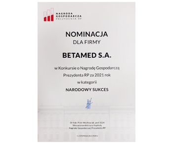 Nominacja dla firmy BetaMed w kategorii NARODOWY SUKCES